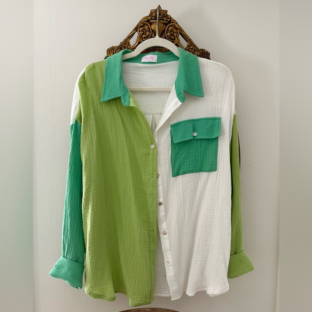 NWOT Green Color Block Button Down Shirt